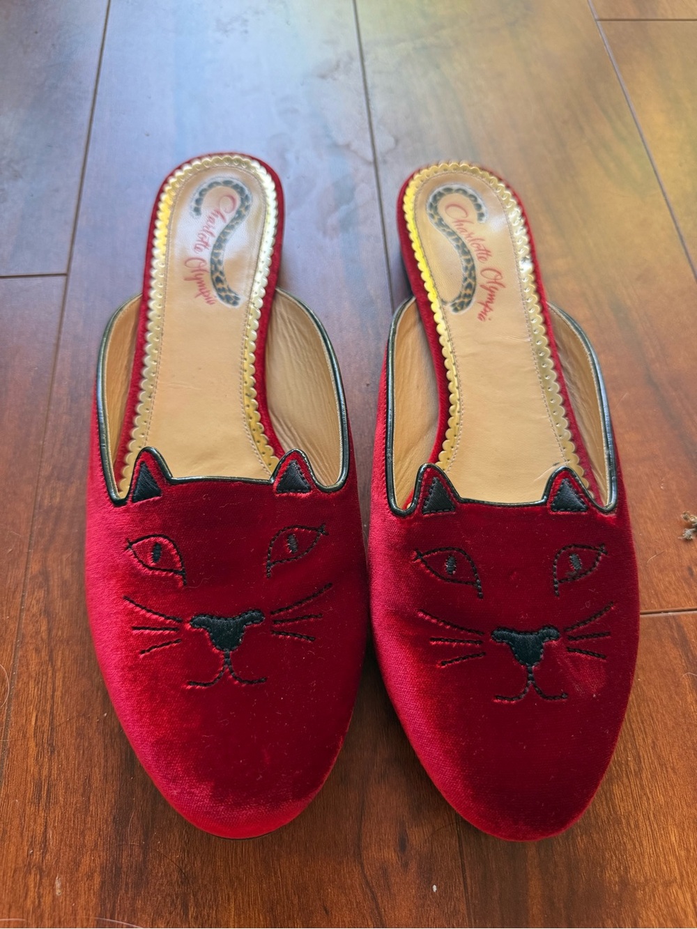Charlotte Olympia Red Velvet Cat Face Slip-On Mules